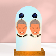 Load image into Gallery viewer, Earrings featuring a drawing of Andy Cohen from the Real Housewives of New York reunion yelling "SHUT UP."