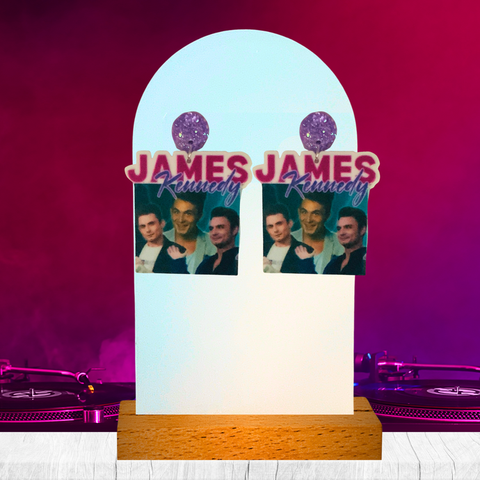 Earrings featuring a collage of DJ James Kennedy, the number one guy in the group, from Vanderpump Rules.