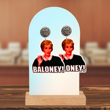 Load image into Gallery viewer, Judge Judy earrings on an earring stand featuring the judge saying “Baloney!”