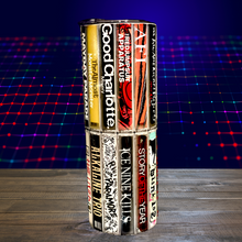Load image into Gallery viewer, A 20 oz stainless steel insulated tumbler featuring sublimated cassette designs with band names from the Elder Emo era, including Paramore, Fall Out Boy, My Chemical Romance, Blink-182, and The All-American Rejects. Comes with a secure lid and reusable straw, perfect for hot and cold drinks.