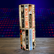 Load image into Gallery viewer, A 20 oz stainless steel insulated tumbler featuring sublimated cassette designs with band names from the Elder Emo era, including Paramore, Fall Out Boy, My Chemical Romance, Blink-182, and The All-American Rejects. Comes with a secure lid and reusable straw, perfect for hot and cold drinks.