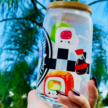 Load image into Gallery viewer, Feed Me Sushi and Tell Me I'm Pretty 16 oz glass cup with bamboo lid and reusable glass straw, featuring a sushi-themed design with colorful rolls, soy sauce, and chopsticks.