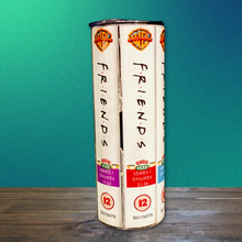 Load image into Gallery viewer, A 20 oz stainless steel insulated tumbler featuring a sublimated design inspired by the TV show Friends, showcasing Series 1 episodes like Episodes 17-20 and Episodes 21-24. Includes a secure lid and reusable metal straw, perfect for hot and cold drinks.
