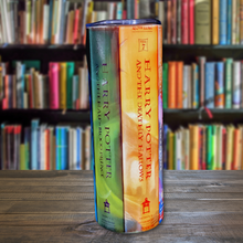 Load image into Gallery viewer, A 20 oz stainless steel insulated tumbler featuring a sublimated design of all Harry Potter book covers. Includes a secure lid and a metal straw, perfect for hot and cold drinks. Ideal for fans of the wizarding world and Harry Potter book lovers.