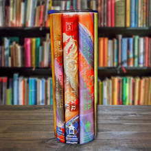 Load image into Gallery viewer, A 20 oz stainless steel insulated tumbler featuring a sublimated design of all Harry Potter book covers. Includes a secure lid and a metal straw, perfect for hot and cold drinks. Ideal for fans of the wizarding world and Harry Potter book lovers.