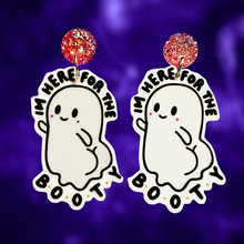 Load image into Gallery viewer, A pair of fun Halloween ghost earrings with the text 'Here for the BOOty,' designed for adding a playful, quirky touch to Halloween accessories and fashion.