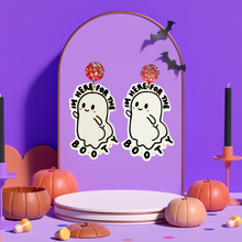 Load image into Gallery viewer, A pair of fun Halloween ghost earrings mounted on a purple backdrop with the text 'Here for the BOOty,' designed for adding a playful, quirky touch to Halloween accessories and fashion.