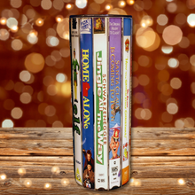 Load image into Gallery viewer, A 20 oz stainless steel insulated Christmas Movie Tumbler featuring a colorful design with movie covers including Elf, Home Alone, Jingle All The Way, and Santa Claus is Coming to Town. Comes with a clear lid, metal straw, and straw cleaner, perfect for hot and cold drinks.