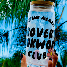 Load image into Gallery viewer, A 20oz BPA-free glass cup with a floral UVDTF wrap featuring the text "Lifetime Member: Introverted Bookworm Club," paired with a bamboo lid and glass straw. Ideal for bookworms and iced coffee enthusiasts.