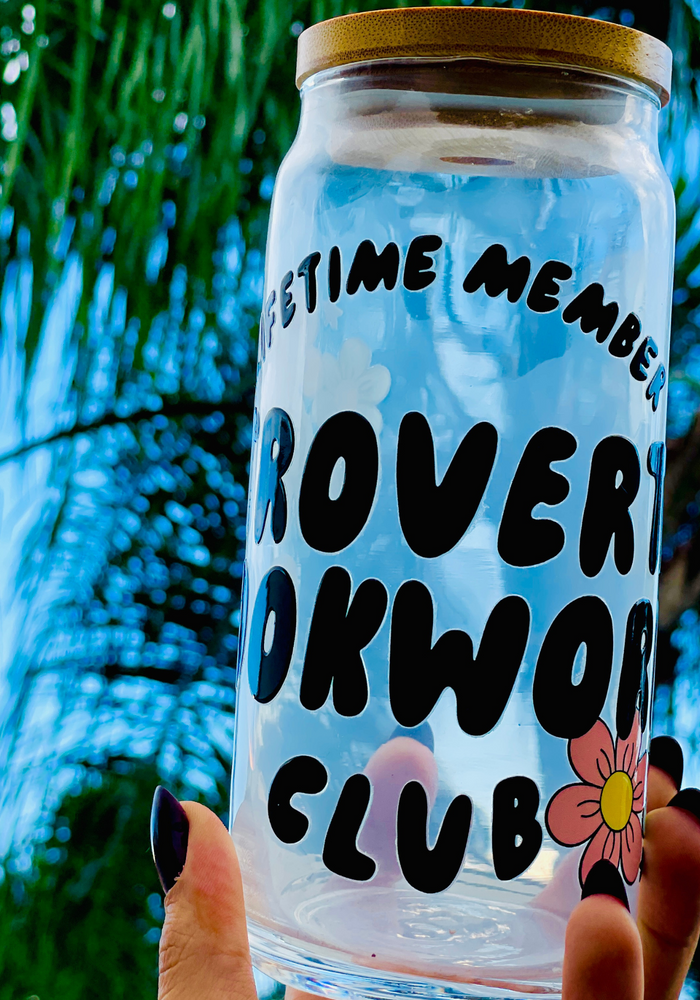 A 20oz BPA-free glass cup with a floral UVDTF wrap featuring the text