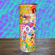 Load image into Gallery viewer, A 20 oz stainless steel insulated tumbler featuring a colorful collage of 90s cartoons like Rugrats, Blue’s Clues, and Magic School Bus. Includes a secure lid and reusable metal straw
