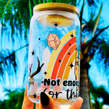 Load image into Gallery viewer, A 16oz BPA-free glass cup with a UVDTF wrap featuring a retro rainbow, celestial accents, and a smudge stick design. Includes a bamboo lid and reusable glass straw, perfect for iced drinks.