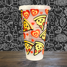 Load image into Gallery viewer, A 16 oz reusable Starbucks-compatible cold cup with a marble-changing design that shifts to orange, red, and blue when filled with cold liquid. The cup features a playful vinyl wrap reading "You Have a Pizza My Heart" and comes with a clear plastic lid and reusable straw, ideal for iced coffee lovers.