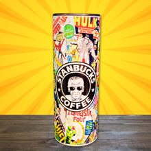 Load image into Gallery viewer, A 20 oz stainless steel insulated tumbler featuring a sublimated design of Marvel comic book strips, including The Hulk, Fantastic Four, and Spider-Man, with a "Stanbucks Coffee" logo.