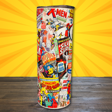 Load image into Gallery viewer, A 20 oz stainless steel insulated tumbler showcasing classic Marvel comic covers from X-Men, Guardians of the Galaxy, Silver Surfer, and more. Comes with a lid and reusable metal straw.
