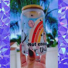 Load and play video in Gallery viewer, A 16oz BPA-free glass cup with a UVDTF wrap featuring a retro rainbow, celestial accents, and a smudge stick design. Includes a bamboo lid and reusable glass straw, perfect for iced drinks.