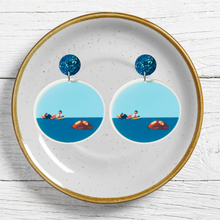 Load image into Gallery viewer, Always Sunny in Philadelphia earrings featuring Mac, Frank and the rum ham on a trinket tray 
