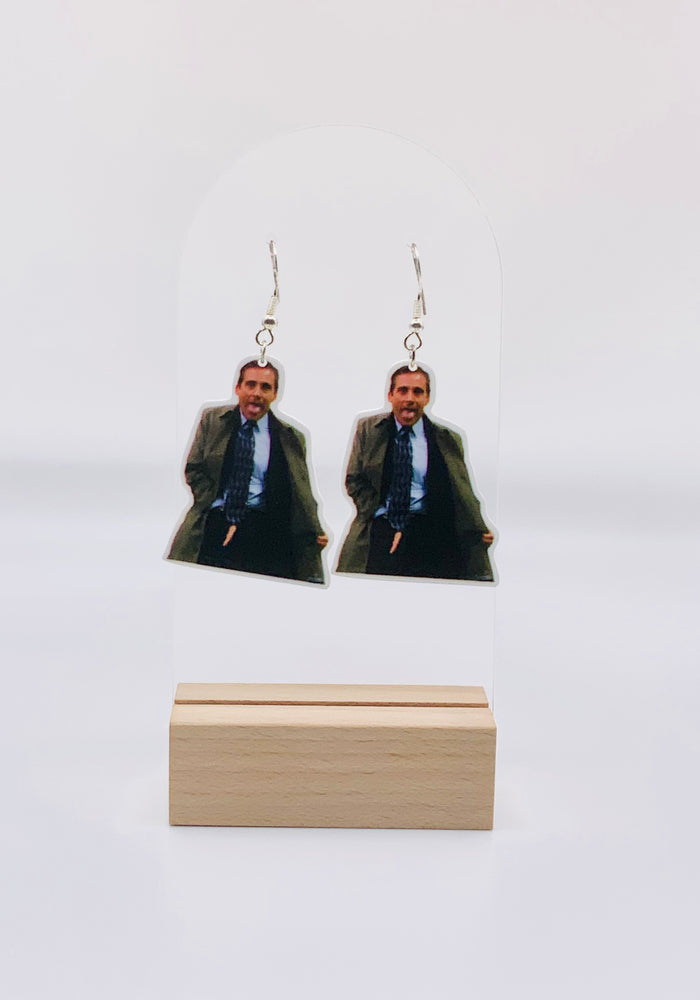 Michael Scott Flasher Moment Earrings from The Office, featuring the iconic scene in detailed miniature, perfect for fans with a sense of humor.