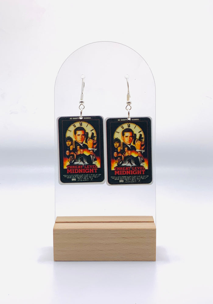 Earrings designed with the dazzling movie poster from 'The Office's' 'Threat Level Midnight', showcasing Michael Scarn in all his secret agent glory