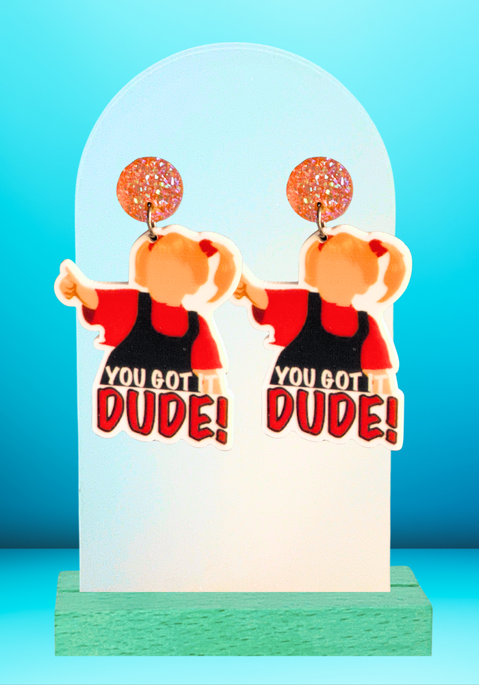 Earrings featuring an image of Full House Michelle Tanner doing a thumbs up saying her catchphrase, “You Got It, Dude!”