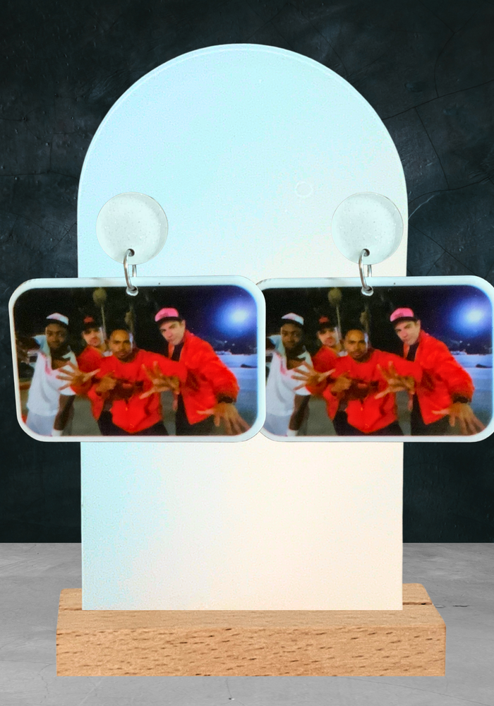 New Girl earrings featuring Winston, Nick, Coach and Schmidt posing in hats and jackets