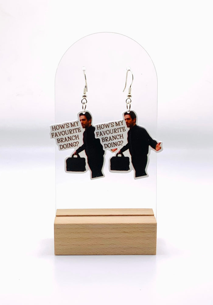 'How's My Favorite Branch?' Ryan Howard quote earrings from 'The Office', featuring lightweight design and hypoallergenic hooks, perfect for fans and collectors.