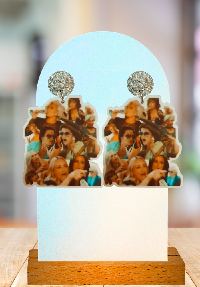 Earrings featuring a collage of the craziest moments from Real Housewives of Beverly Hills.