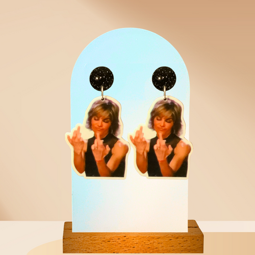 Earrings featuring Lisa Rinna from Real Housewives of Beverly Hills sticking up both middle fingers.