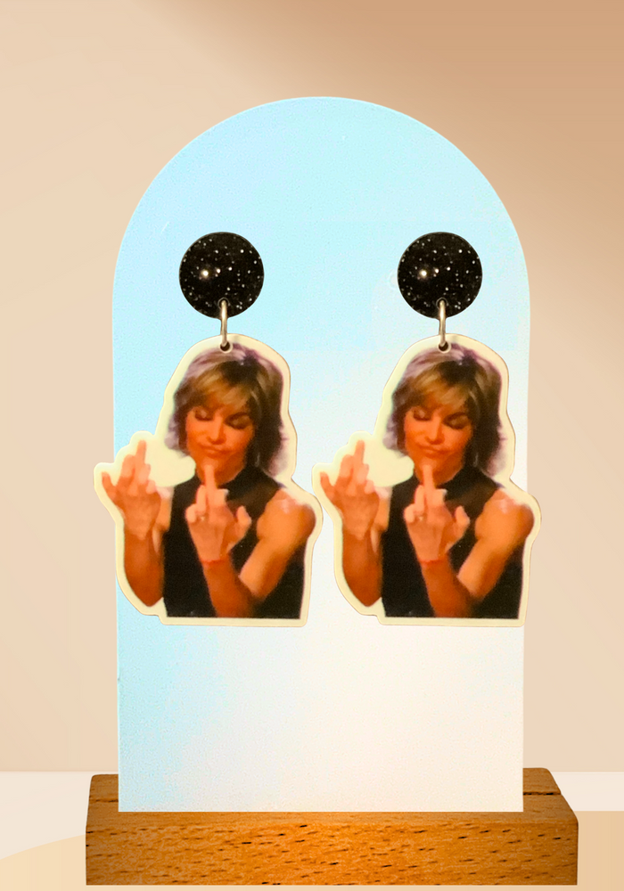 Earrings featuring Lisa Rinna from Real Housewives of Beverly Hills sticking up both middle fingers.