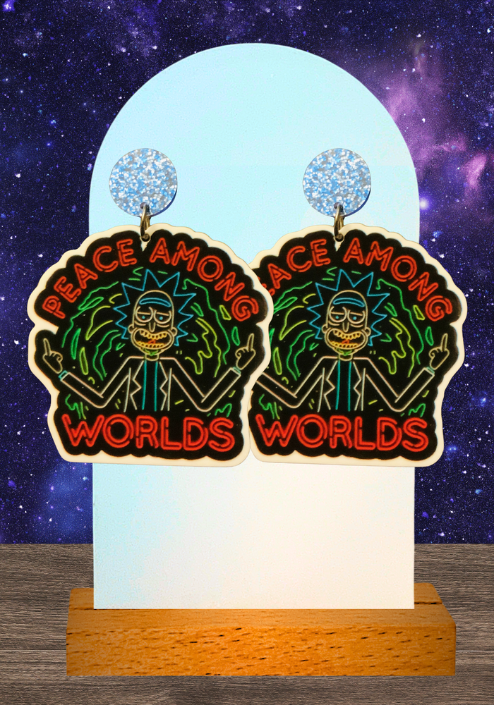 Neon earrings featuring Rick from Rick and Morty with his middle fingers up underneath 
