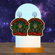 Neon earrings featuring Rick from Rick and Morty with his middle fingers up underneath 