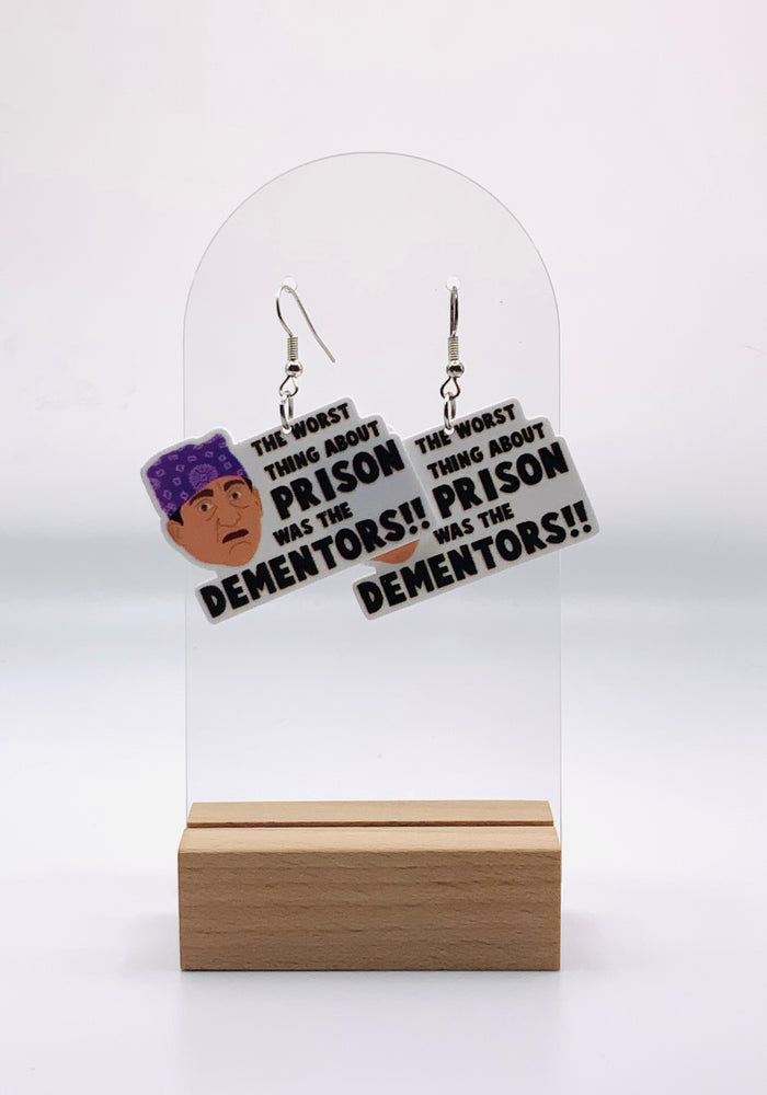 Earrings depicting ‘Prison Mike’ with his trademark bandana and a perplexed expression, embodying his humorous and fantastical cautionary tale from “The Office.