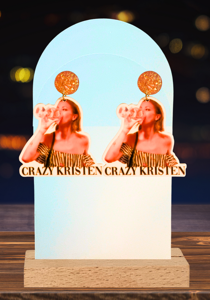 A bar featuring Vanderpump Rules earrings featuring Kristen Doute chugging a glass of wine with the caption 'Crazy Kristen,' for fans who love the show's bold fun.