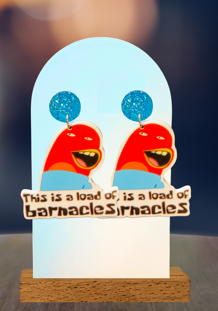 Earrings featuring the fish from spongebob saying 