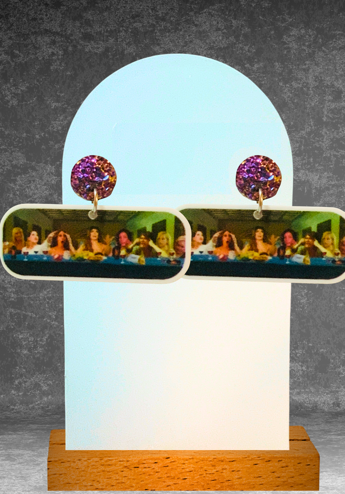 Earrings featuring the Real Housewives of New Jersey photoshopped into a 