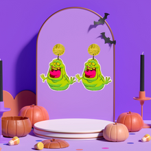 Load image into Gallery viewer, Earrings featuring Slimer from Ghostbusters, perfect for fans of the iconic 80s movie and fun Halloween accessories.
