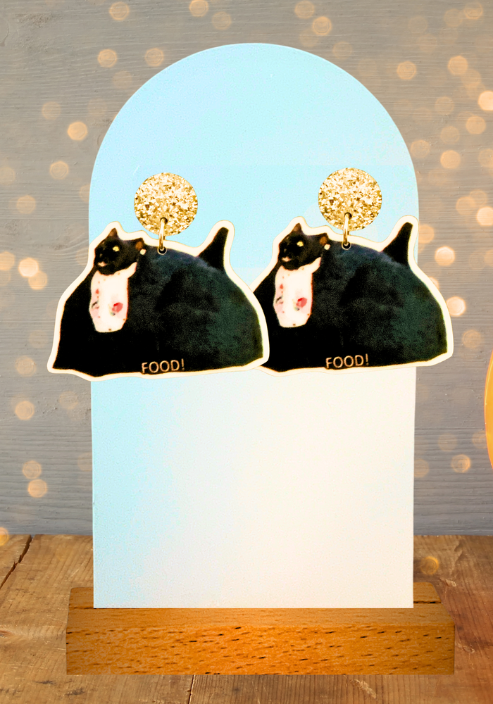 Earrings featuring Salem from 'Sabrina the Teenage Witch' yelling FOOD!