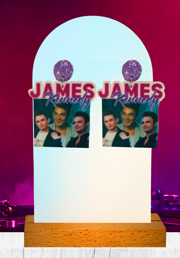 Earrings featuring a collage of DJ James Kennedy, the number one guy in the group, from Vanderpump Rules.
