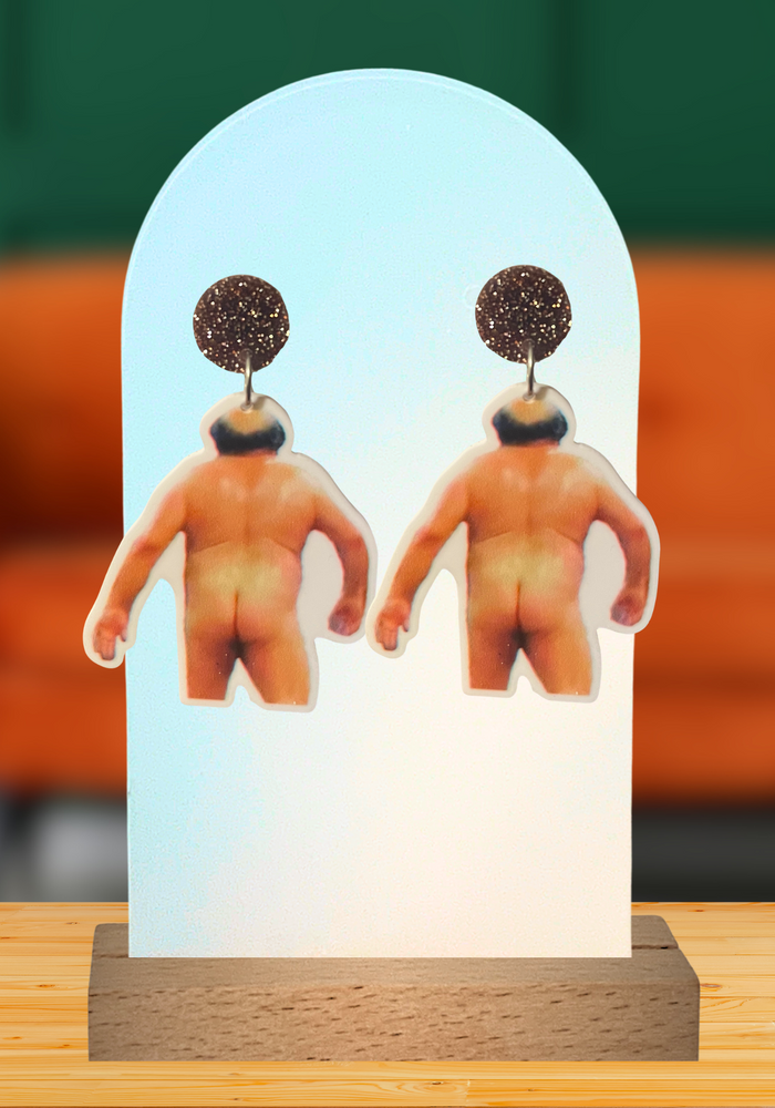 Earrings featuring a photo of cheeky Frank Reynolds walking away pant less in front of a couch background