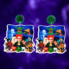 Load image into Gallery viewer, Nostalgic 90s Halloween Earrings featuring Hocus Pocus witches, Casper, Aaahh Real Monsters, Beetlejuice, Sabrina, Slimer, and McDonald&#39;s Halloween buckets.
