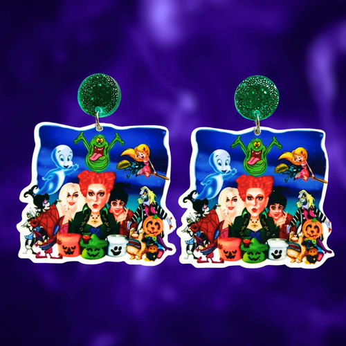 Nostalgic 90s Halloween Earrings featuring Hocus Pocus witches, Casper, Aaahh Real Monsters, Beetlejuice, Sabrina, Slimer, and McDonald's Halloween buckets.