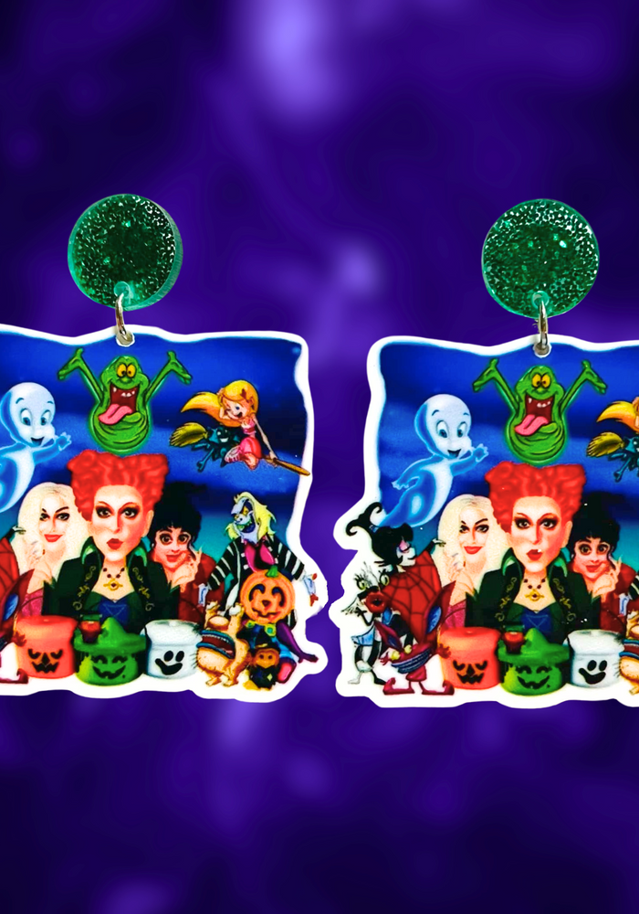 Nostalgic 90s Halloween Earrings featuring Hocus Pocus witches, Casper, Aaahh Real Monsters, Beetlejuice, Sabrina, Slimer, and McDonald's Halloween buckets.