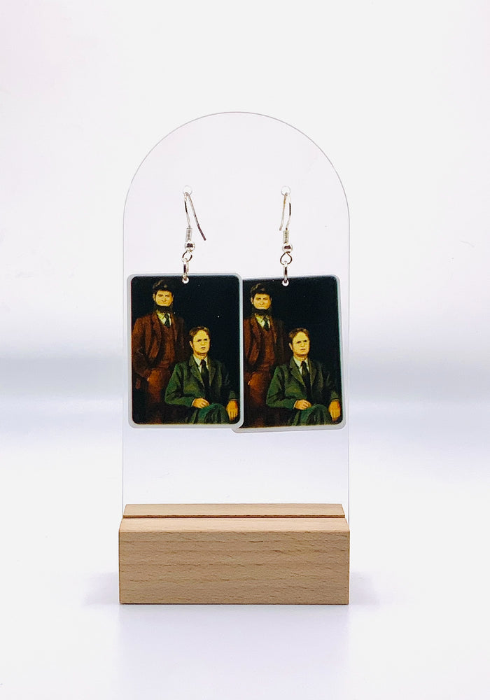Dwight and Mose Schrute Family Portrait Earrings featuring The Office's iconic Schrute Farms duo in a detailed oil painting style, hypoallergenic jewelry
