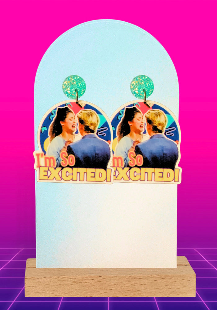 Earrings featuring Jessie Spanish and Zack Morris from Saved by the Bell that say “I’m So Excited”