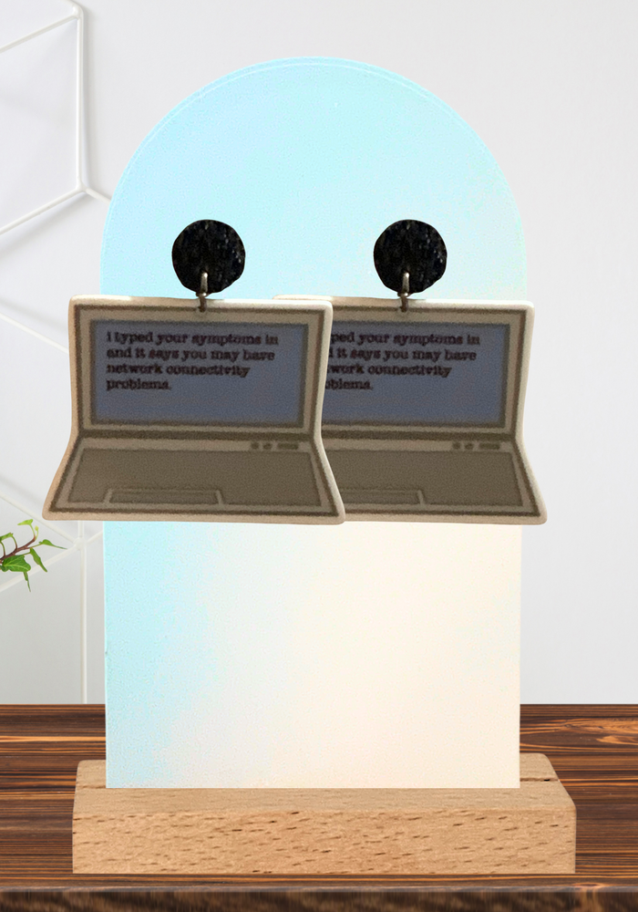 Parks and Rec earrings featuring the 'network connectivity problems' line from Andy Dwyer on a computer screen, perfect for fans of Park and Rec