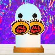 Earrings featuring the 'All That' tv show logo in front of a holographic 90s background