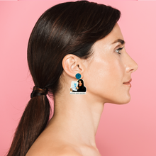 Load image into Gallery viewer, Model wearing earrings featuring Lisa Vanderpump holding up a printed log of texts with the quote “always have receipts” from Real Housewives of Beverly Hills.
