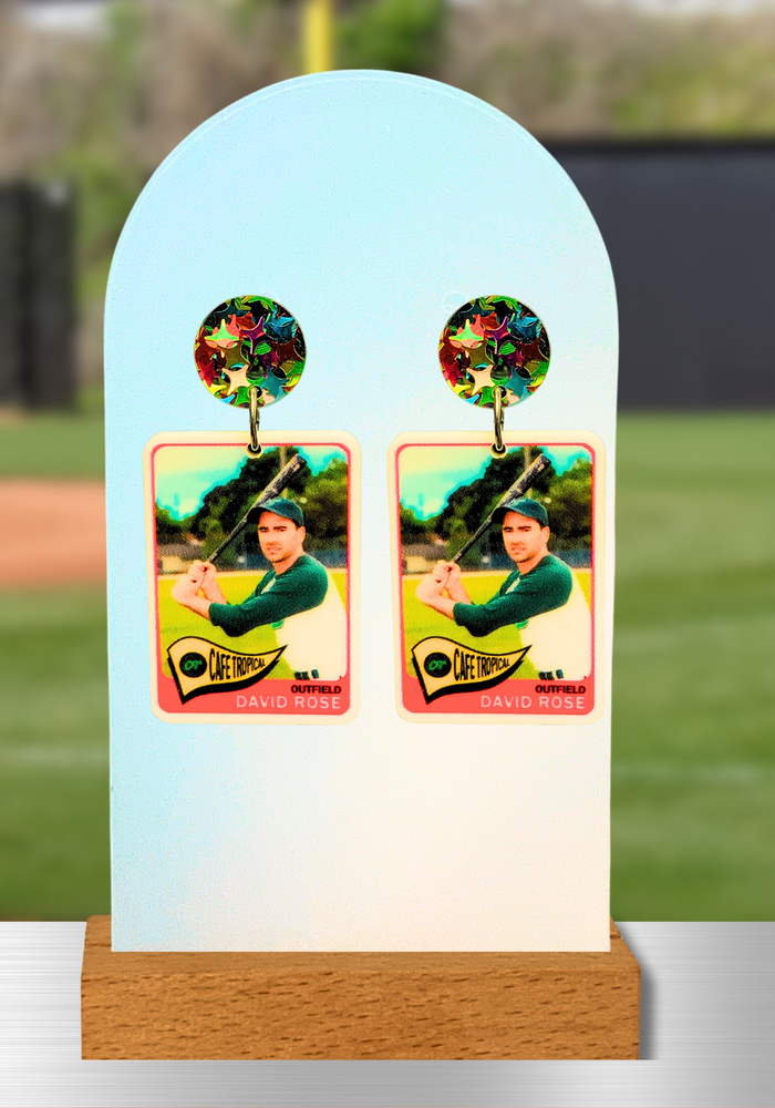 David Rose baseball card earrings with a baseball background
