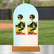 David Rose baseball card earrings with a baseball background