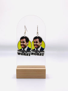 Earrings featuring Michael Scott's unforgettable face of dismay in vibrant yellow, accompanied by his famous 'this is the worst' quote